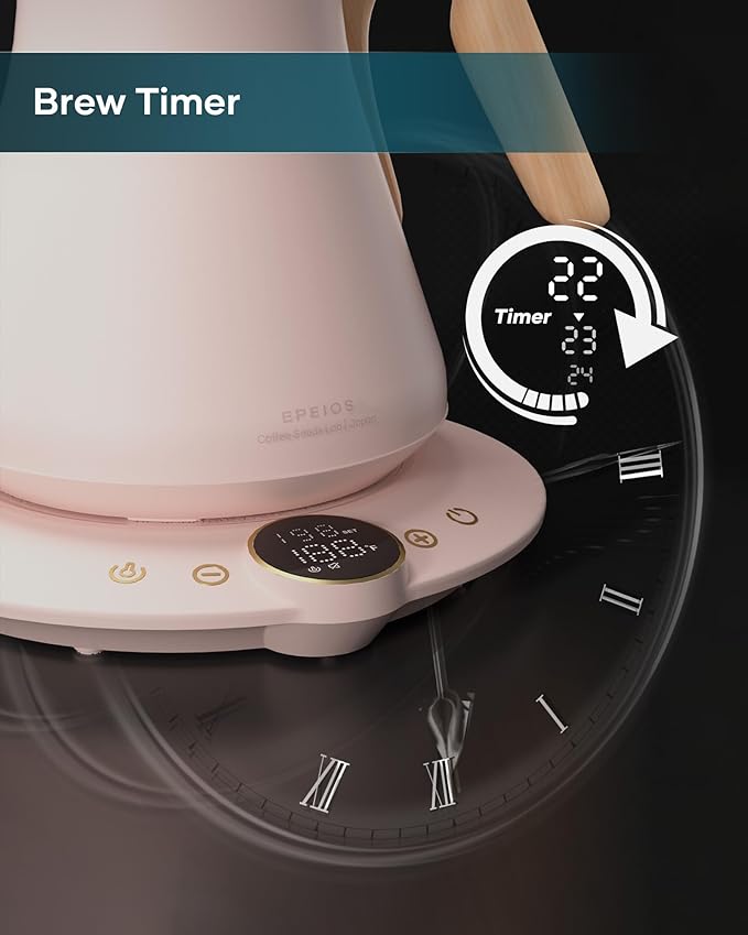 Gooseneck Electric Kettle with ±1℉ Temperature Control for Pour Over Coffee & Tea, Quick Heating, BPA-Free Stainless Steel, Built-in Brew Timer, 1500W/0.9L (Petal Pink) - Bloomnest