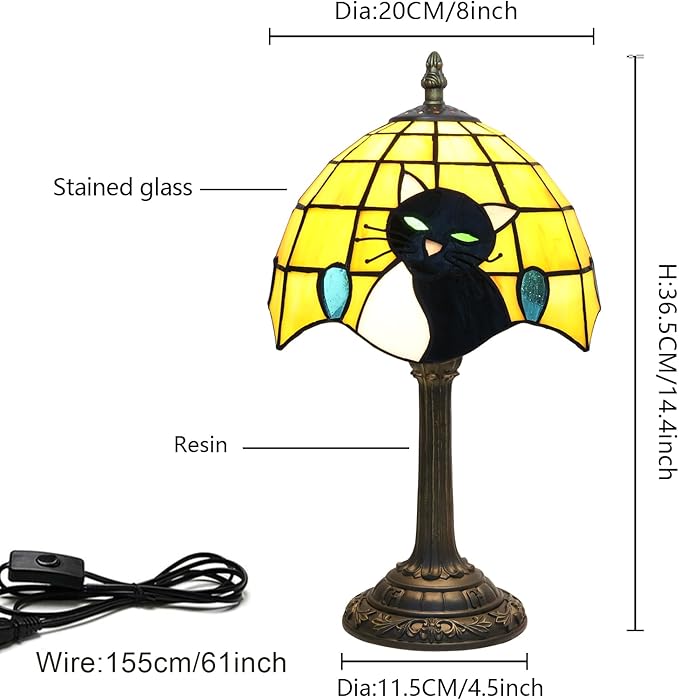 Small Tiffany Lamp Stained Glass Table Lamp Elegant Cute Retro Vintage Style White Black Cat Bedside Night Lamp For Nightstand Bedroom Home Decor Kitchen Counter Antique Living Room Office Fun Lamps - Bloomnest
