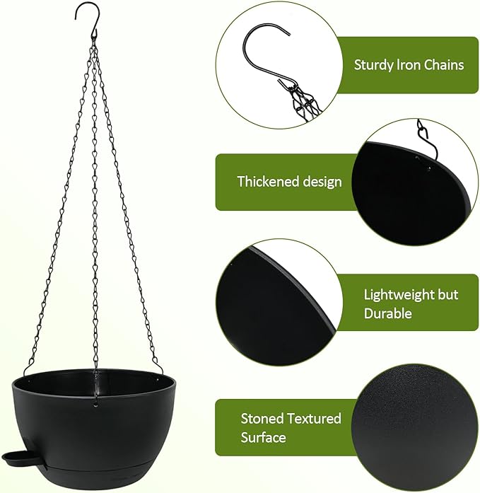 WOUSIWER Self Watering Hanging Planters, 2 Pack 10'' Plastic Pots with Drainage Holes & Reservoir Tray (Black) | Indoor & Outdoor Use for Ferns, Ivy, Herbs, Succulents - Bloomnest