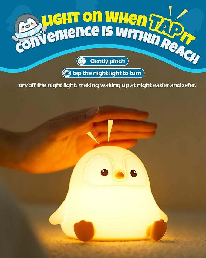 Cute Penguin Night Light, Animal Lamp, Food Grade Silicone, Rechargeable, 2 Level Dimmable, Squishy Nursery Nightlight for Desk Decor, Funny Gifts Stuff for Boys Girls Baby, White Elephant Gifts - Bloomnest