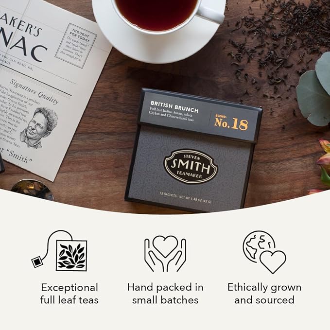 Steven Smith Teamaker British Brunch No. 18, Caffeinated, Sugar-Free, Full Leaf, English Breakfast Black Tea Bags 15 Sachets, 1.48oz each - Bloomnest