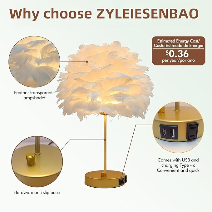 ZYLEIESENBAO Chic White Feather Lamp with USB Charging Port Modern Feather Table Lamp Cute Romantic Bedside Nightstand Light for Girl Room Childrens Room Living Room Entry Wedding Decoration - Bloomnest