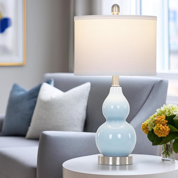 22" Double Gourd Ceramic Table Lamps Set of 2, Blue Modern Bedside Lamps for Living Room, Contemporary Nightstand Desk Lamps for Bedroom End Table Home Office Study Room Decor(2 LED Bulbs Included) - Bloomnest