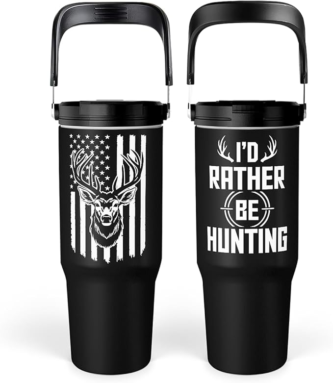 SANDJEST Hunting Gift for Men, Deer Hunting Tumbler with Handle, 30oz Flip Straw Stainless Steel Insulated Coffee Travel Cup, Gifts for Hunter Dad Grandpa on Birthday Christmas Fathers Day - Bloomnest