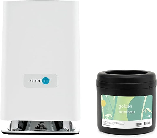 ScentAir Whisper Home | White Diffuser Machine, Scents up to 800 Sq. Ft Room, Compatible with Alexa & Google, WiFi & Bluetooth Enabled - ScentAir Cartridge Golden Bamboo