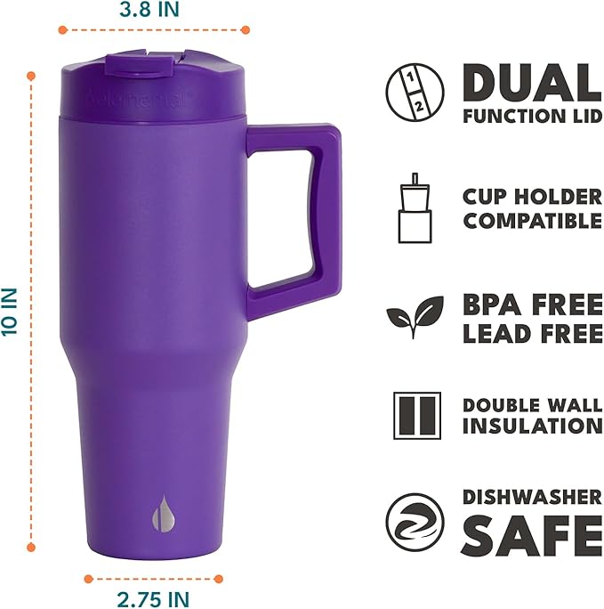 Elemental 32 oz 100% Leak Proof Tumbler with Handle & Straw - Stainless Steel Double Wall Insulated Tumbler for Hot and Cold Beverages - Travel Coffee Mug with Sip & Straw Lid - Purple - Bloomnest