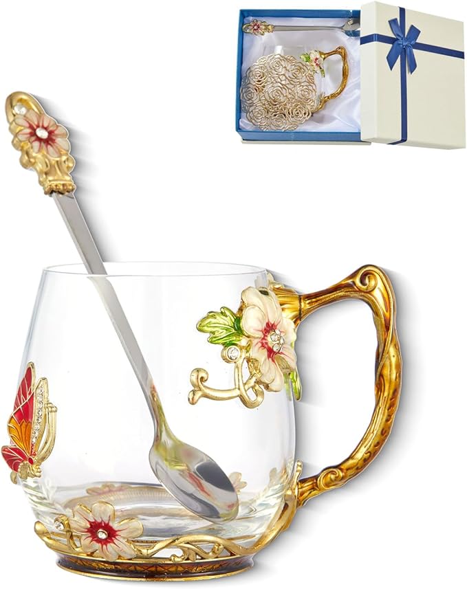 Flower Tea Cup,Clear Glass Fancy Coffee Mug with Spoon,Gift Box for Her Mom Wife Grandma Girls Friends Valentines Christmas Birthday Present Idea for Juice Milk Hot And Cold Drinks Use - Bloomnest