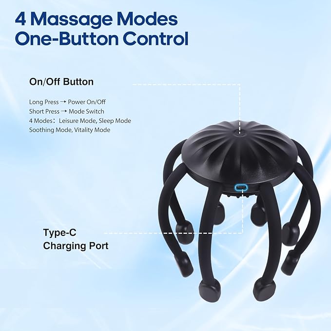 Head Massager Scalp Electric with 4 Modes, 360° Electric Head Massager Rechargeable, Electric Octopus Scalp Massager Portable, Scalp Stress Relax Massage Tool Free Hands OrijioUS