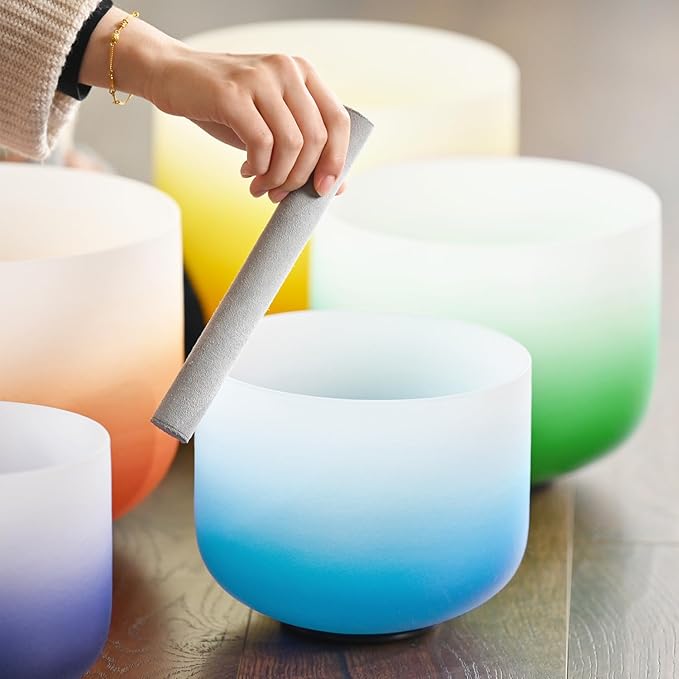 432HZ 7PCS Set Of 6-12 Inch Aria Gradient Design Frosted Quartz Crystal Singing Bowls With 2 PCS Travel Carry Case Bag. - Bloomnest