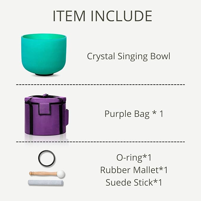 Green F Note Heart Chakra 8 inch Quartz Crystal Singing Bowl, for Healing Mindfulness Meditation Yoga Sound Baths, with Case Rubber Mallet