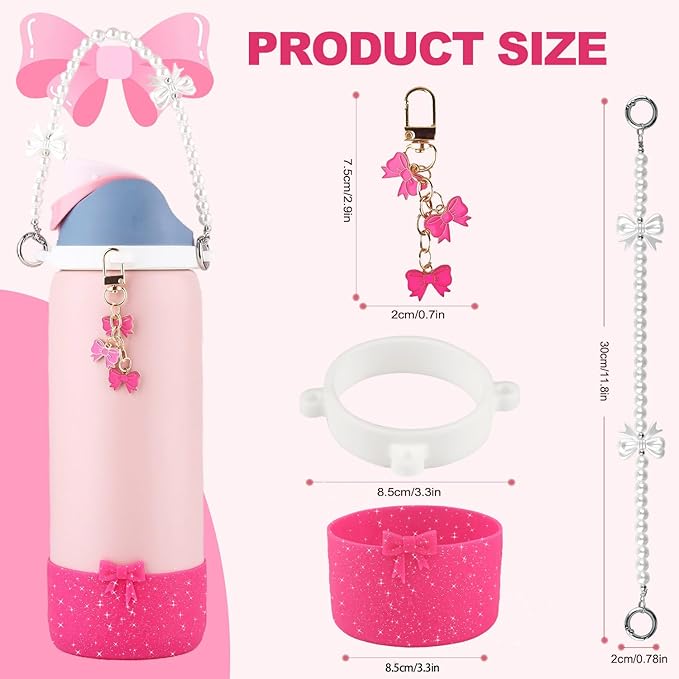 Water Bottle Accessories Set for Owala FreeSip 24oz、32 oz– Includes Pearl Handle Strap, Bow Charms,2.9in .3inch Silicone Bling Boot for Owala Accessories for Women Bloomnest