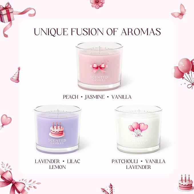 Birthday Candles, Scented Candles Gift Set for Stress Relief, 3 Votive Candles for Women and Men, Birthday Candle Gifts for Women (Pink + Purple + White, 7 oz) - Bloomnest