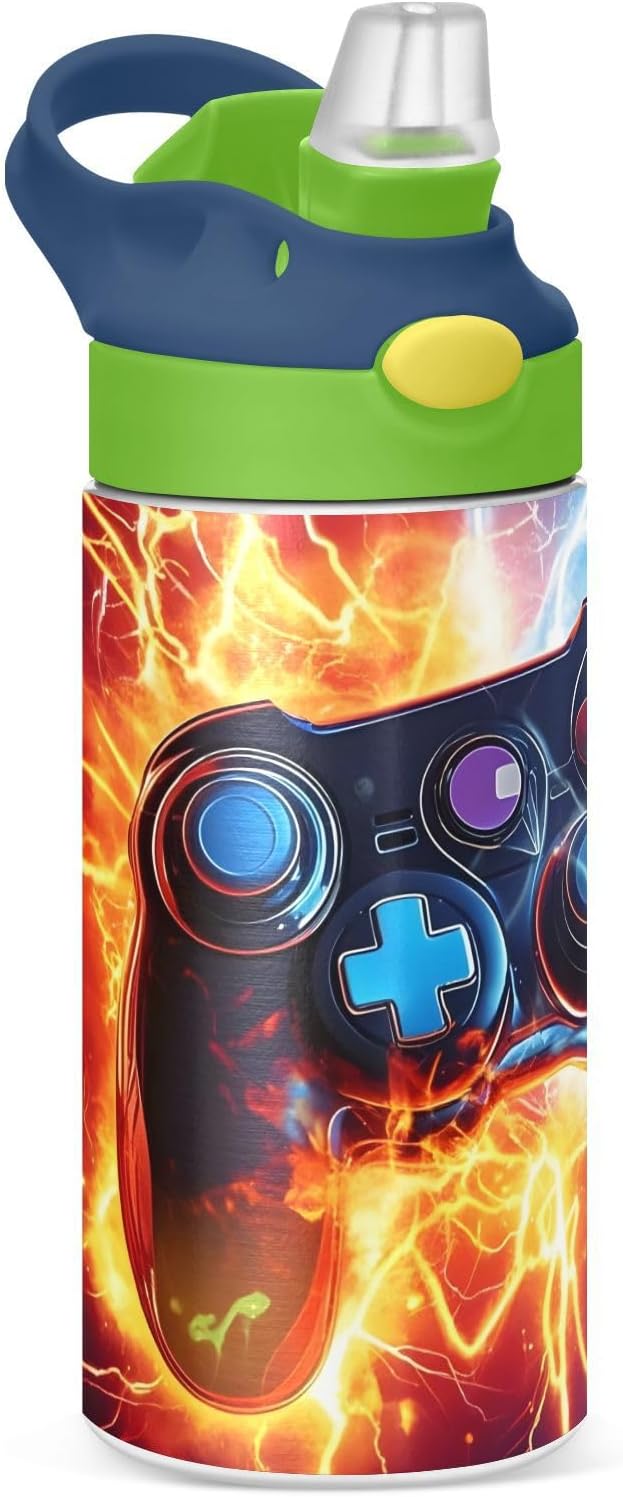 Game Controller Fire Electric Spark Kids Water Bottle with Straw Lid Insulated Tumbler with Handle Stainless Steel Reusable Toddlers Cup for Kids Boys 12 oz - Bloomnest