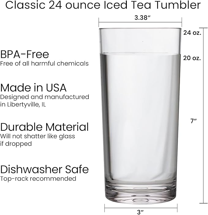 US Acrylic Classic Clear Plastic Reusable Drinking Glasses (Set of 6) 24oz Iced-Tea Cups | BPA-Free Tumblers, Made in USA | Top-Rack Dishwasher Safe - Bloomnest