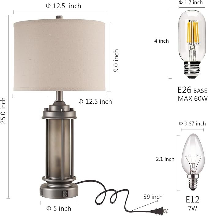 Industrial Metal Table Lamps Set of 2 Living Room Bedroom, 2 USB Ports Bedside Lamp with Glass Nightlight, Modern Desk Lamp for Entryway Office End Table, 4 Bulbs Included - Bloomnest
