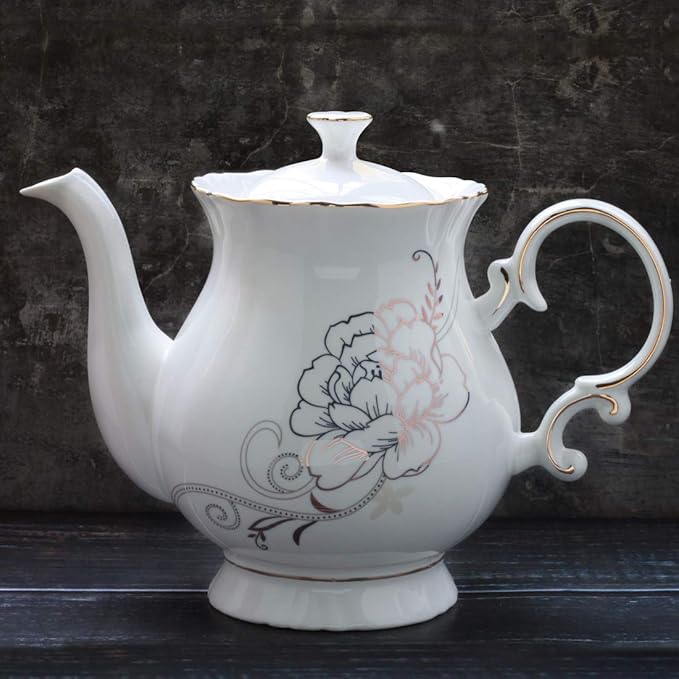 Jomop European Style Ceramic Flower Teapot Coffee Pot Water Pot Porcelain Gift Large 5.5 Cups (1, White)