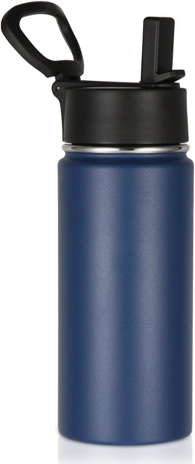 Volhoply Kids Insulated Water Bottle with Straw,16oz Stainless Steel Cold Water Bottles for School,BPA-Free Metal Wide Mouth Cups with Handle Lid,Reusable Double Wall Vacuum Sport Flask(Navy,1) - Bloomnest