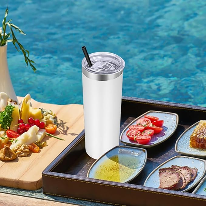VEGOND Stainless Steel Skinny Tumbler, 20 oz Vacuum Insulated Tumbler with Lid and Straw, Double Wall Coffee Cup, Travel Mug for Cold Hot Drinks, White 1 Pack - Bloomnest