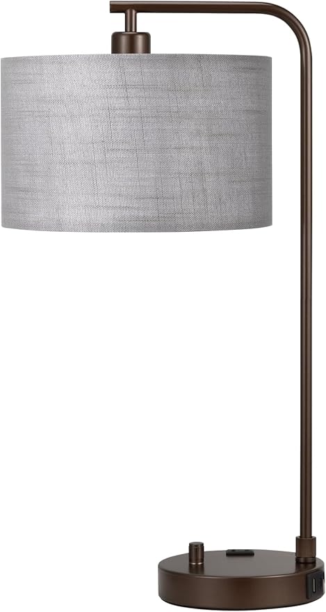 Innqoo Gray Tall Table Lamp with USB Port and Outlet, Dimmable Nightstand Bedside Lamps with Linen Lampshade, Desk Lamp for Bedroom, Living Room, Guest Room, Home Office, LED Bulb Included - Bloomnest