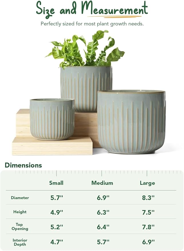 LE TAUCI Fluted Ceramic Planters Set of 3 – 8.3/7 / 5.7 in Blue Gray Reactive Cylinder Indoor Plant Pots with Drainage Plug & Mesh, Glossy Stoneware Flower Pots for Succulents Herbs - Bloomnest
