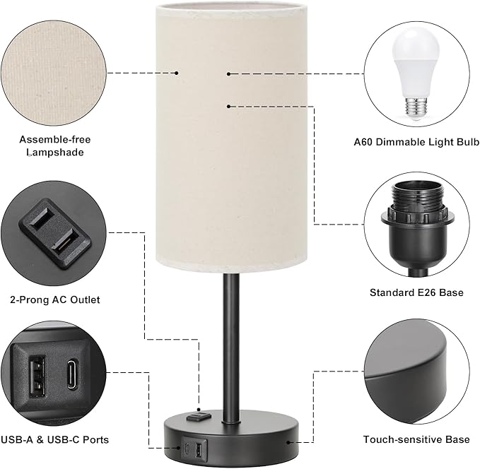 Fenmzee Touch Table Lamp - Beige, 3-Way Dimmable, USB A + C Charging, AC Outlet, 17.4inch Medium, Black Metal Base - Bloomnest