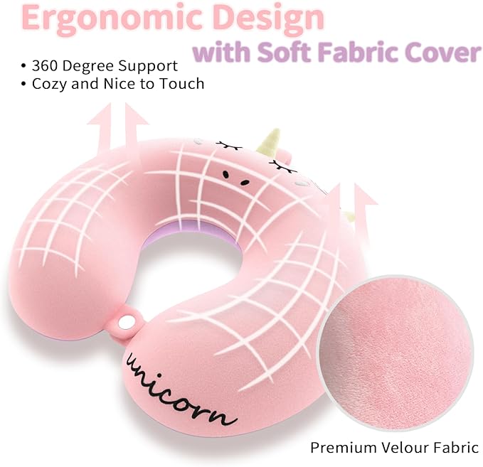 Neck Travel Pillow for Kids, Unicorn Airplane Memory Foam Pillow with Cute Sleep Mask & Earplugs, Lightweight Travelling Sleeping Pillow Set for Car, Train, Bus and Home Use (Pink) - Bloomnest