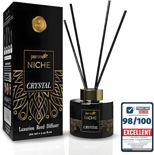 Luxury Jasmine NICHE Reed Diffuser Set 5.41 fl oz Long Lasting Home Fragrance Aromatherapy Diffuser with 6 Sticks Black Gold Bottle for Bedroom Bathroom Living Room Office Home Décor (Crystal)