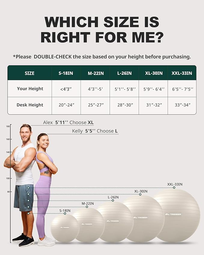 Trideer Exercise Ball for Yoga, Pilates & Fitness – Stability Ball Equipment for Home Gym & Office Chair, Core & Balance Training Accessories, Physical Therapy Equipment, Quick Pump Included, 5 Sizes - Bloomnest