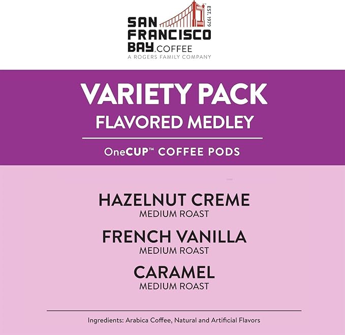 San Francisco Bay Compostable Coffee Pods - Variety Pack Flavored (40 Ct) K Cup Compatible including Keurig 2.0, Hazelnut, Cinnamon, Caramel, Vanilla Flavored Coffee - Bloomnest