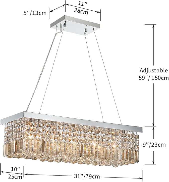 Saint Mossi 5-Lights Modern K9 Crystal Chandelier, Crystal Pendant Light Fixture, H9 x W10 x L31, Chain Adjustable Max 59“, Champagne Crystal & Chrome Finish - Bloomnest