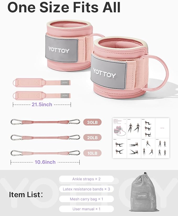 YOTTOY Ankle Resistance Bands with Cuffs, Adjustable Ankle Straps for Leg & Glute Workout, Butt Exercise Bands for Cable Machines Women, Perfect for Hip Fitness & Booty Training