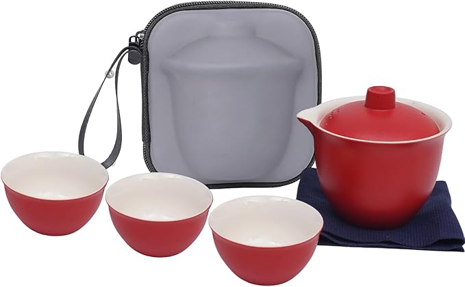 Porcelain Chinese Gongfu Tea Sets for Adults Ceramic japanese Tea Set Portable Kungfu Gaiwan Teapot and Cup Set Small Travel Teaset with Lid for Home Gifting Outdoor and Office (Red) - Bloomnest