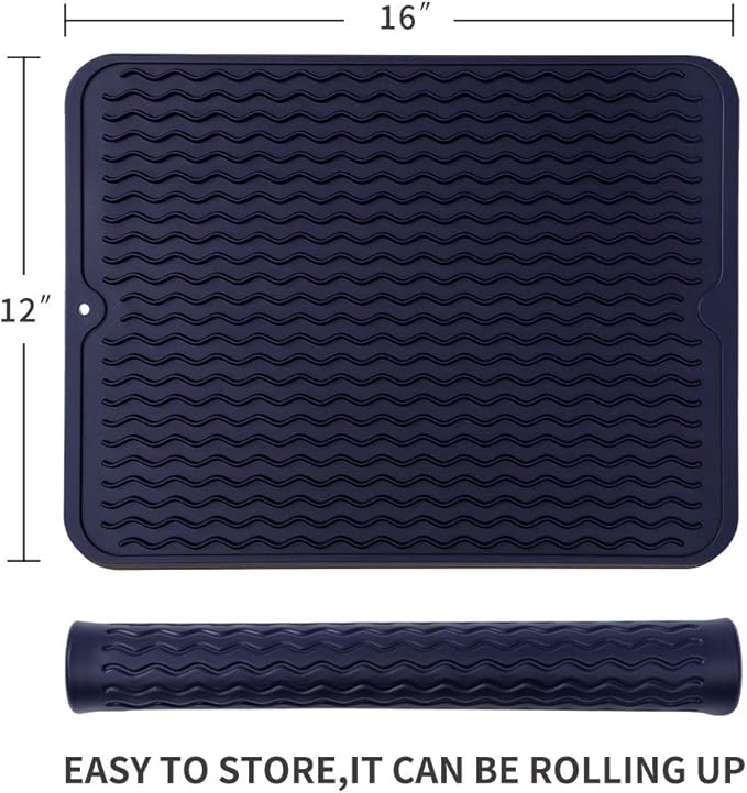 Silicone Dish Drying Mat for Multiple Usage,Easy clean,Eco-friendly,Heat-resistant Silicone Mat for Kitchen Counter or Sink,Refrigerator or drawer liner Navy Blue L 16 inches x 12 inches - Bloomnest