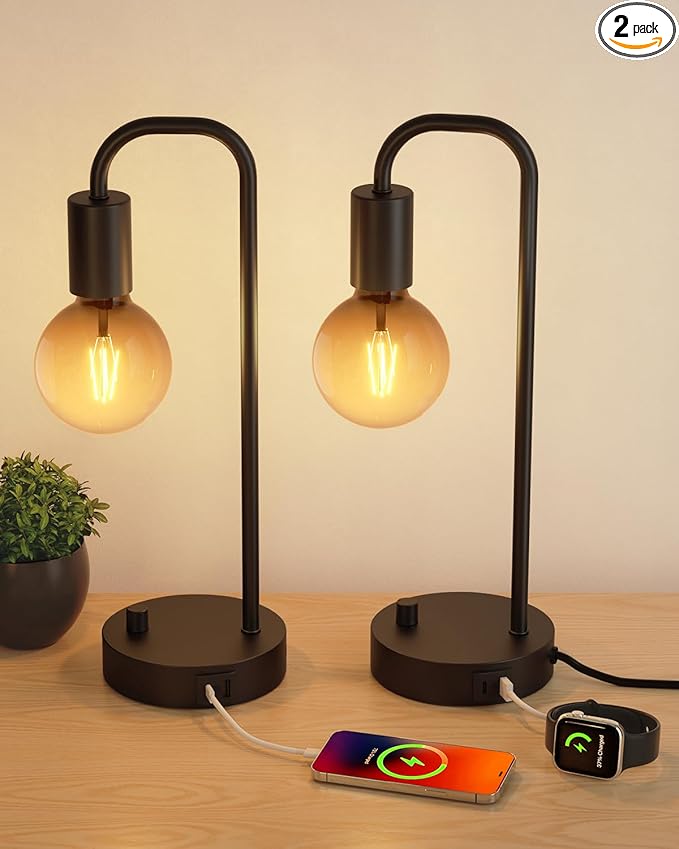 ONEWISH Industrial Table Lamp Set of 2 with USB C&A Charging Port, Stepless Dimmable Nightstand Bedside Lamps for Bedroom,Desk Lamps with 2700K Black Gradient Bulb for Reading Living Room,Office - Bloomnest
