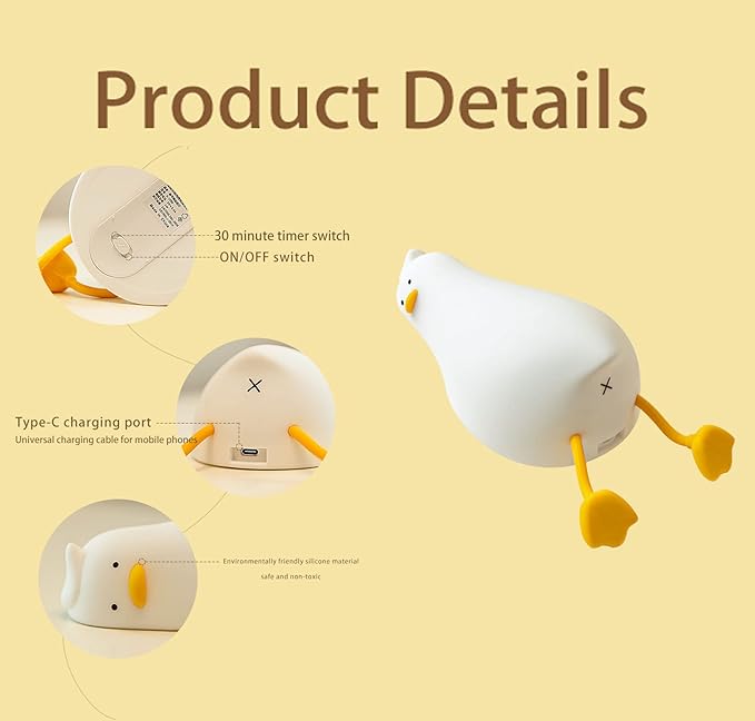 HAPPYBAG LED Lying Flat Duck Night Light, 3 Level Dimmable Nursery Nightlight,Cute Lamps Silicone Squishy Light Up Duck,Rechargeable Bedside Touch Lamp for Breastfeeding Toddler Baby Kids Decor - Bloomnest