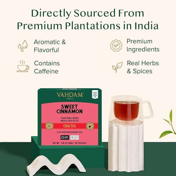 VAHDAM, Sweet Cinnamon Tea | 100 Tea Bags | 100% Natural Spices | Cinnamon Masala Chai Tea Recipe | Spiced Chai Tea Bag | Brew as Hot or Iced - Bloomnest