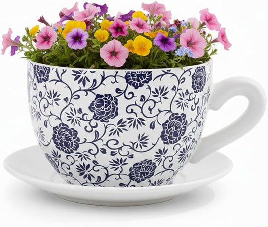 7.5" Ceramic Teacup Planter Pot with Saucer | Ideal for Succulents, Orchids, Herbs & Flowers | Indoor Use| Thoughtful Gift for Birthday, Gift Basket, Sympathy & More – White Blue Floral Teacup Planter - Bloomnest