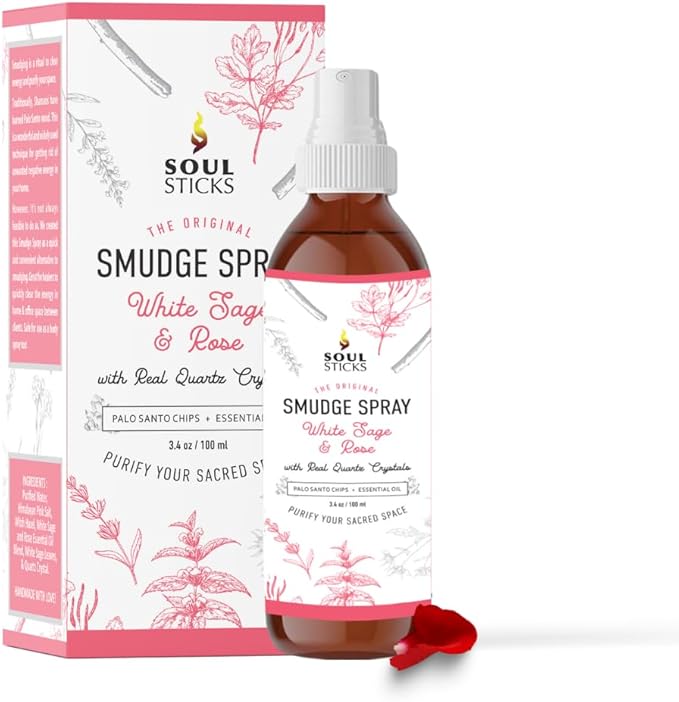 SOUL STICKS White Sage & Rose Smudge Spray For Cleansing and Negative Energy | 3.5oz Sage Smudge Spray with Real Quartz Crystals | Car Air Freshner Fragrance Sage Room Spray for Spiritual Cleansing SoulSticks