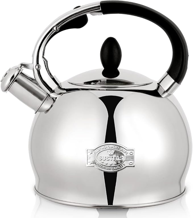 SUSTEAS Stove Top Whistling Tea Kettle - Food Grade Stainless Steel Teakettle Teapot with Cool Touch Ergonomic Handle, With 1 Silicone Pinch Mitt Included,2.64 Quart(SILVER) - Bloomnest