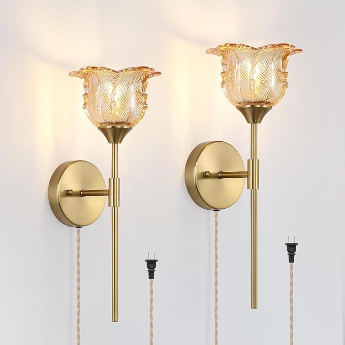 Plug in Gold Wall Sconce Set of 2 with Amber Glass Shades, Modern Mid Century Bathroom Vanity, Wall Light Fixtures, Brushed Brass Wall Lamp, for Bedroom Mirror Living Room, ETL Listed - Bloomnest