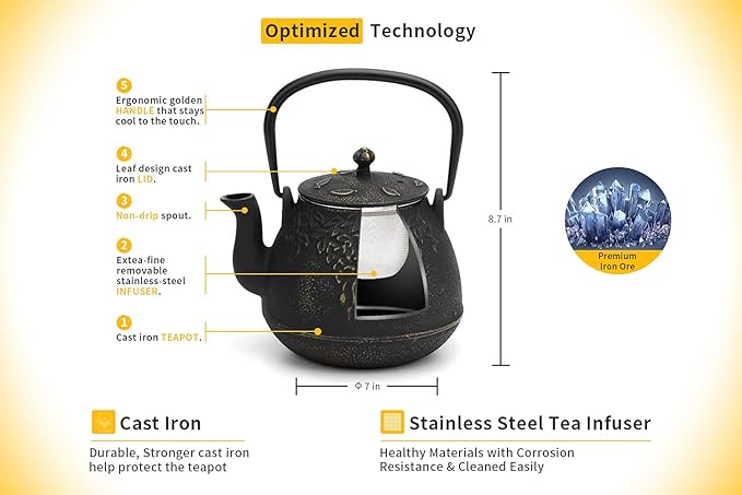 Tea Kettle, Toptier Japanese Cast Iron Tea Kettle for Stove Top, Stovetop Safe Cast Iron Teapot with Infusers for Loose Tea, 40 Ounce (1200 ml), Black - Bloomnest