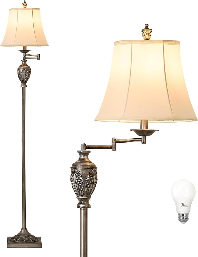 Traditional LED Floor Lamp with 350° Adjustable Swing Arm Lamp – Vintage Standing Pole lamp for Living Room, Bedroom and Office – Rustic Upright Floor Light for Home Décor with Silk Fabric Shade - Bloomnest