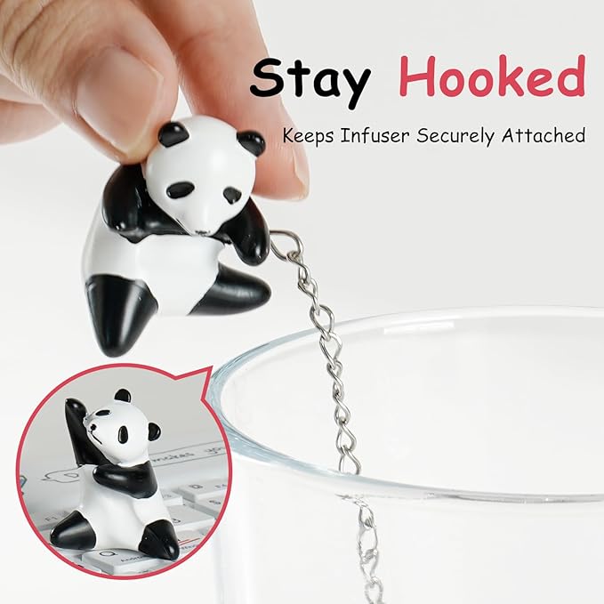 Calico Cat Tea Infuser Set - Adorable Tricolor Kitty Hook, Fine Mesh Loose Leaf Tea Steeper, Stainless Steel, No Mess, 1 Pack (Panda Climbing the Cup Edge)