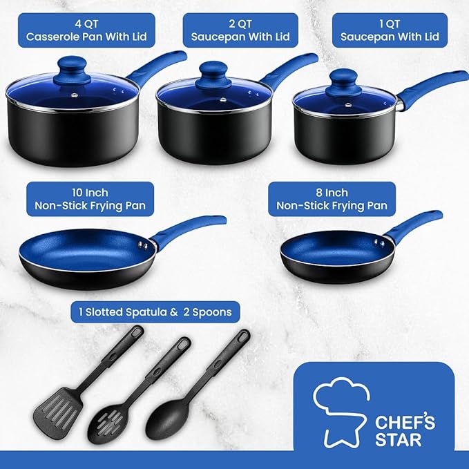 Chef's Star Pots And Pans Set Kitchen Cookware Sets Nonstick Aluminum Cooking Essentials 11 Pieces Blue - Bloomnest