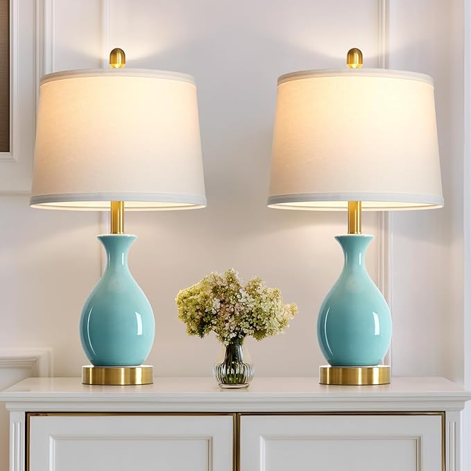 24" Bedroom Table Lamps Set of 2, Modern Classic Ceramic Lamps for Living Room, Small Bedside Table Lamp for Nightstand or End Table, Aqua Blue (2 LED Bulbs Included) - Bloomnest