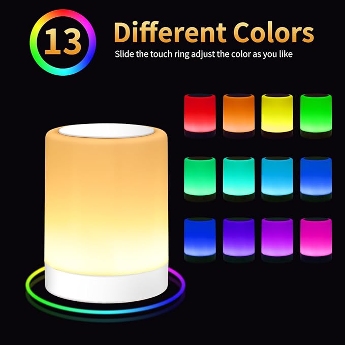 OORUN Touch Bedside Table Lamp,13 RGB Colors & 5 Brightness, USB Rechargeable Desk Lamp, Remote Control Dimmable Light with RGB Color Changing,Portable Lamp for Baby (White) - Bloomnest