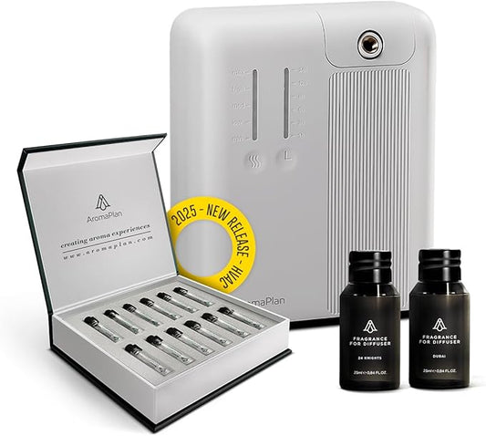AromaPlan 5 Star Collection Cold Air Scent Diffuser, Whole House (Includes 2 Fragrances & 12 Set Sample kit) - Smart Scent Diffuser, HVAC System- Touch & App, 2000 Sq. Ft Cov.(White) - Bloomnest