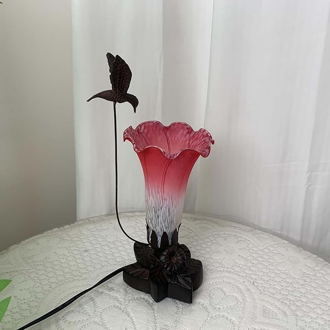 Bieye LL06 Hummingbird Flying Over Lily Flower Blown Glass Table Lamp for Home Decor (White Red, 4.25Wx12H)