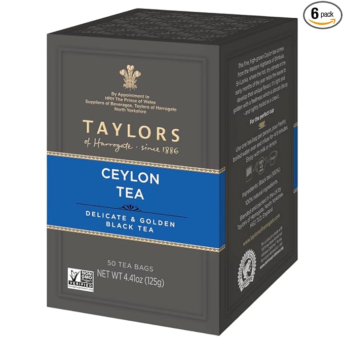 Taylors of Harrogate Pure Ceylon, Black Tea, Pillow Bags, 50 Count (Pack of 6), Bold, Bright, & Brisk, Caffeinated, Enjoy Hot or Iced, 300 Teabags Total - Bloomnest