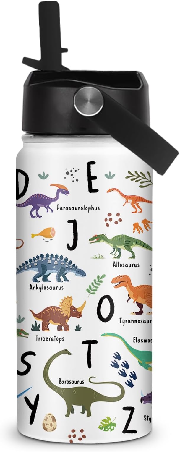 Alphabet Dinosaur Water Bottle for Boys, 16oz Kids Stainless Steel Insulated Water Bottle with Straw Lid, Dinosaur Dino Cup Tumbler Gifts for School - Bloomnest